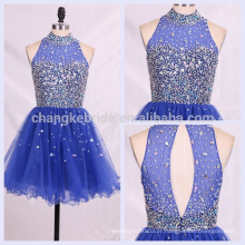 Bling Halter Royal Blue Beaded Short Tulle Cocktail Party Homecoming Prom Dress